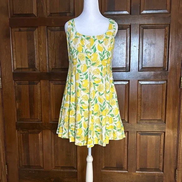 Gap Medium Linen Blend Lemon Print Dress NWT Summer Sundress Smocked Back A-Line - Picture 2 of 11
